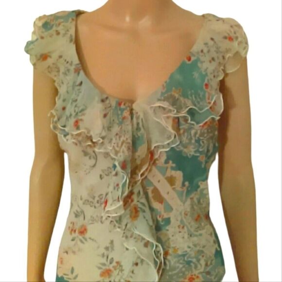 NWT David Warren Chiffon Dress Womens Teal & Cream Floral Lined Ruffle V-Neck - Picture 3 of 7
